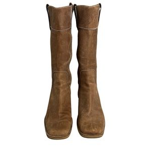 Nine West Tan Suede Square Toe Low Block Heel Boots Size 7